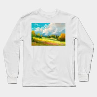 Abstract landscape with hills and trees and cloudy sky. Long Sleeve T-Shirt